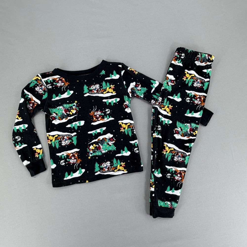 Disney Mickey Mouse Christmas Pajamas Toddler 4T Black Holiday Sleigh Set MK1143